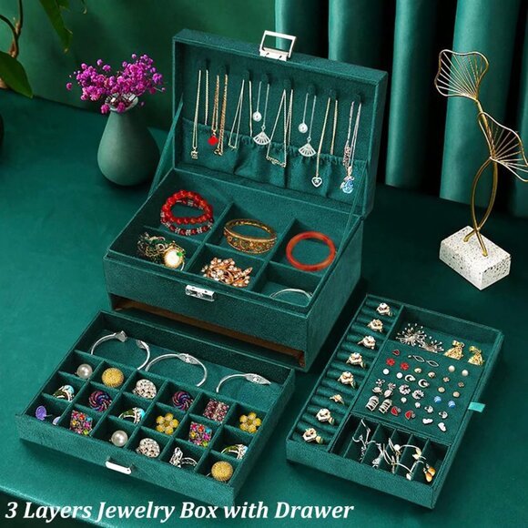 Jewelry Boxes for Women Green Velvet Jewelry Organizer with Lock,Teen Jewelry Or - Picture 2 of 9